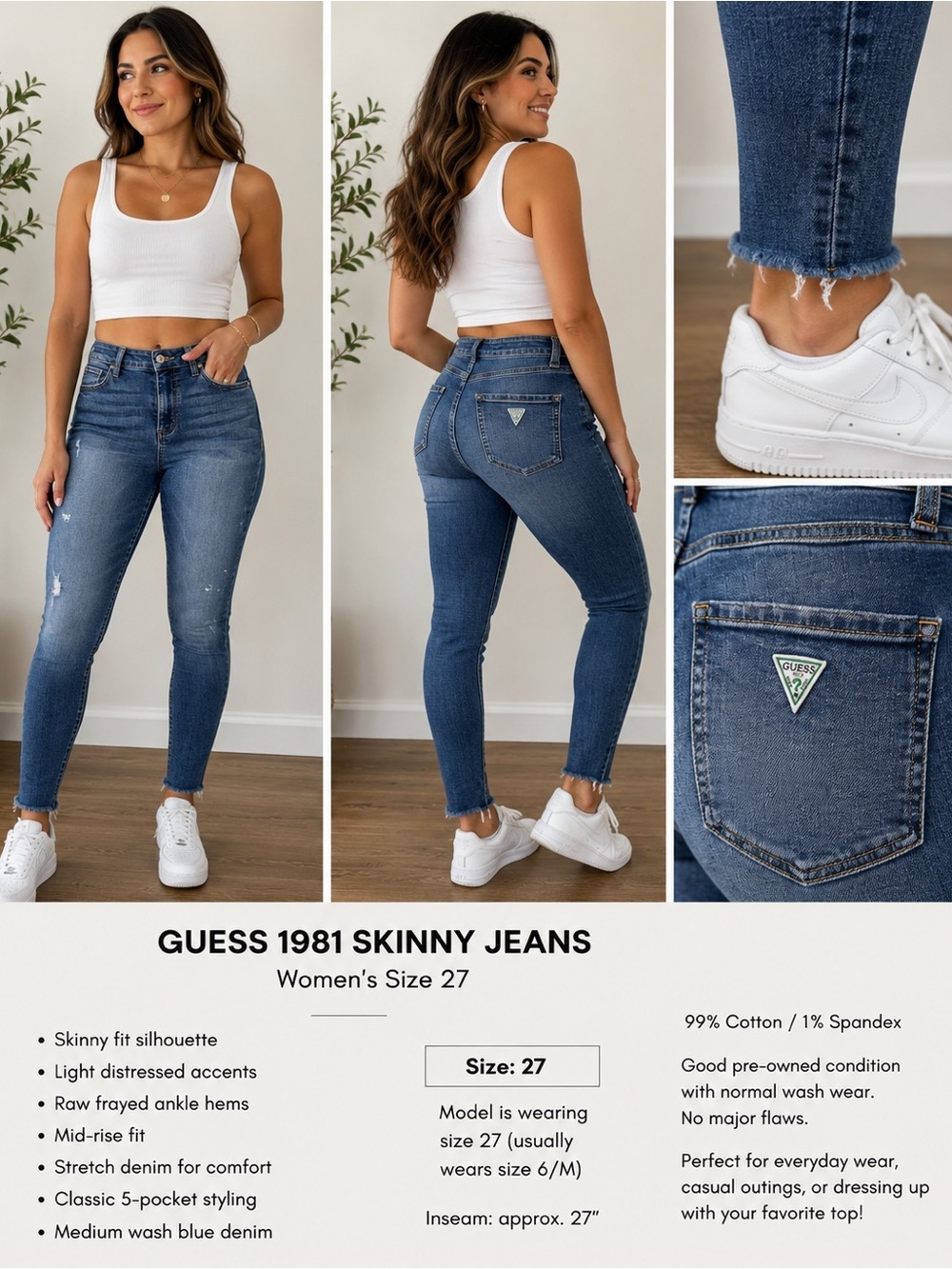 GUESS 1981 Skinny Jeans Women’s Size 27 Medium Wash Distressed Raw Hem Denim